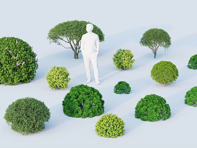 Green Shrubs With Various Shapes Different Sizes And Purple Flowers Around Human Figure Model 3d model