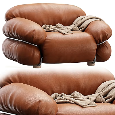 Single Seater Brown Leather Sofa With Modern Design Plush Armrests Metal Legs And Throw Blanket 3d model