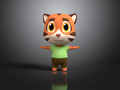 Cartoon Tiger Character With Orange Black Stripes Big Eyes Green Shirt Brown Pants Standing 3d model