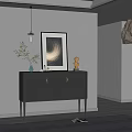 Modern Gray Sideboard with Gold Handles Decorative Painting Vase and Sculpture on Gray Wall