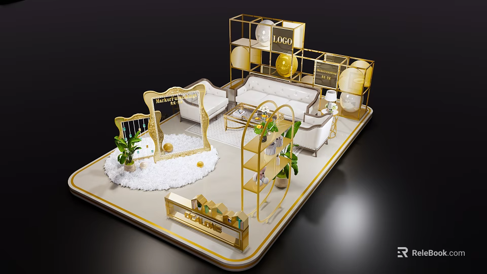 Modern Luxurious Interior Display Design With Golden Frames White Sofas Green Plants And Brand Logos 3d model 