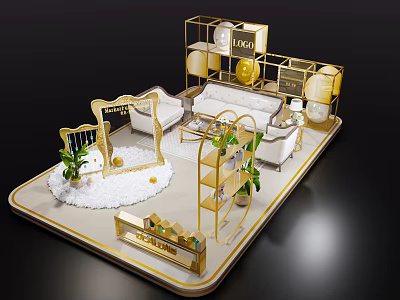 Modern Luxurious Interior Display Design With Golden Frames White Sofas Green Plants And Brand Logos 3d model