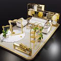 Modern Luxurious Interior Display Design With Golden Frames White Sofas Green Plants And Brand Logos