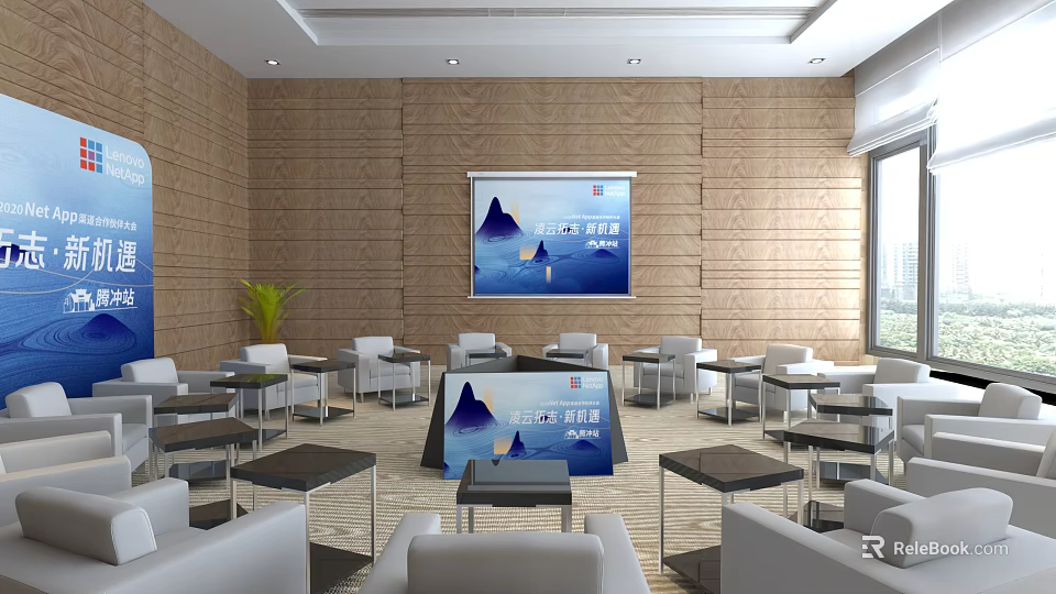 Spacious Modern Lounge Area Interior With Comfortable Sofas Wooden Walls And Large Screen 3d model