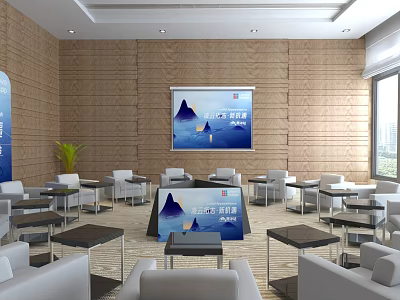 Spacious Modern Lounge Area Interior With Comfortable Sofas Wooden Walls And Large Screen 3d model