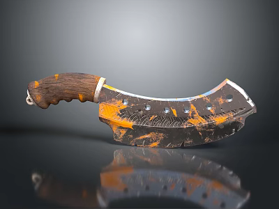 Hand Carved Sculpture Blade With Wooden Handle And Orange Black Texture 3d model
