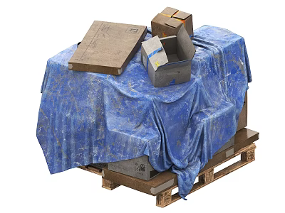Industrial Equipment Covered With Blue Tarpaulin On Wooden Pallet With Cardboard Boxes 3d model