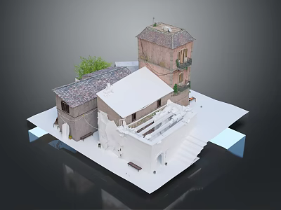 Detailed Old Style Building Model With Tile Roof Balcony Stairs And Green Plant 3d model