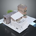 Detailed Old Style Building Model With Tile Roof Balcony Stairs And Green Plant