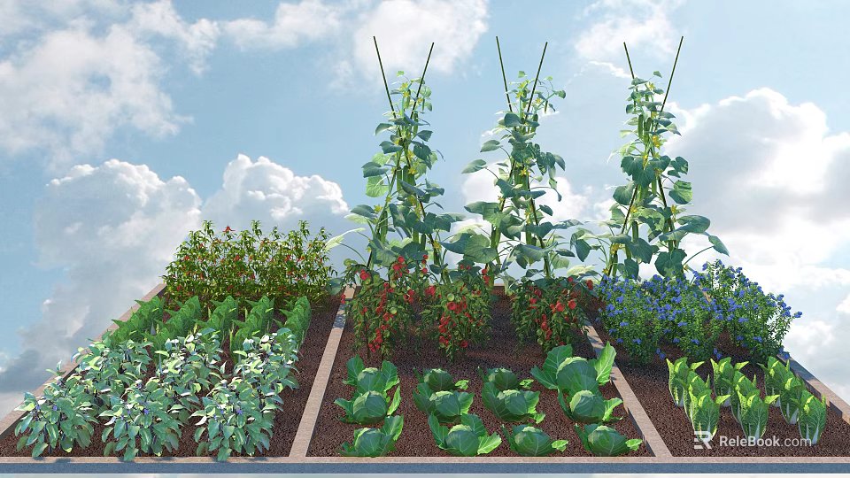 Growing Vegetable Garden With Climbing Beans Ripe Tomatoes Fresh Lettuce Herbs And Flowers 3d model 