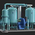 Industrial Processing Equipment With Blue Tanks Pipes Pump And Metal Frame