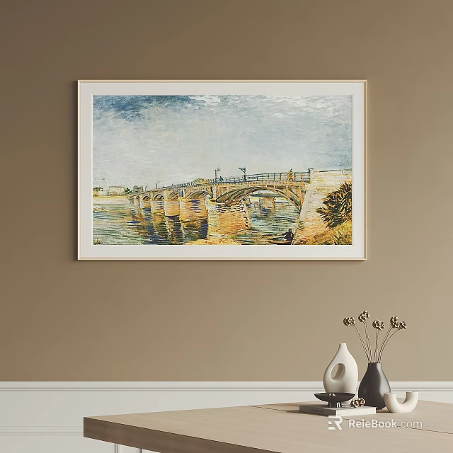 Colorful Oil Painting Of Bridge Over River With Sky Reflections And Natural Landscape 3d model 