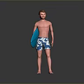 Shirtless Male Standing Barefoot Holding Blue Surfboard Wearing Floral Blue White Shorts