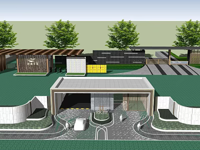 Modern Entrance Gate Design With Covered Roof And Surrounding Green Landscaping 3d model
