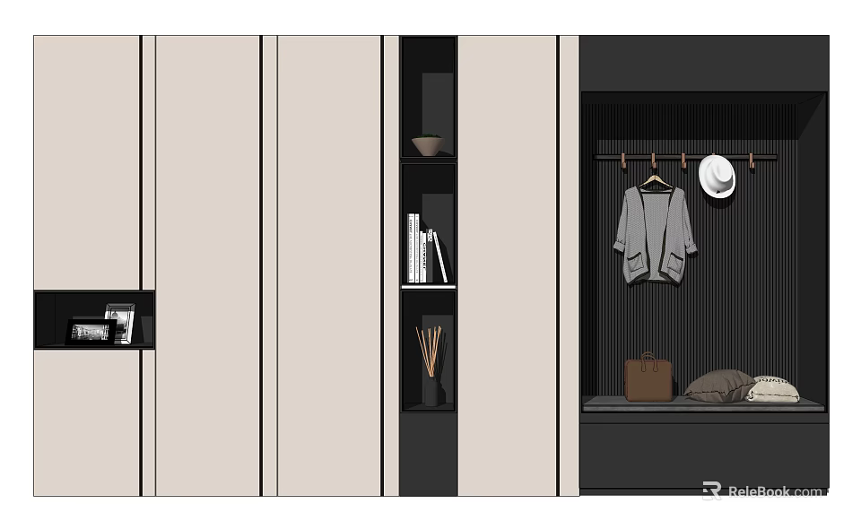 Modern Entryway And Side Cabinet With Storage Shelves Hanging Hooks And Decorative Items 3d model