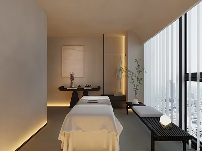 Minimalist SPA Sauna Room Interior With Massage Bed Soft Lighting Large Windows And City View 3d model