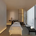 Minimalist SPA Sauna Room Interior With Massage Bed Soft Lighting Large Windows And City View