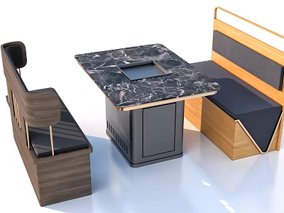 Modern Dining Table Set Design With Marble Tabletop Square Cutout And Wooden Upholstered Benches 3d model
