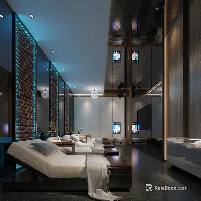 Modern SPA Sauna Relaxation Area With Comfortable Loungers And Ambient Lighting 3d model 