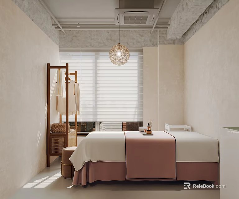 Spa Room With Cozy Bed White Pink Linens Clothing Rack Pendant Light And Window Blinds 3d model 