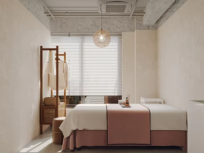 Spa Room With Cozy Bed White Pink Linens Clothing Rack Pendant Light And Window Blinds 3d model