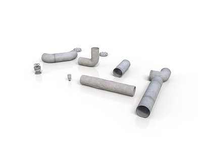 Various Metal Pipe Fittings Including Elbows Straight Tubes Tees And Bolts 3d model