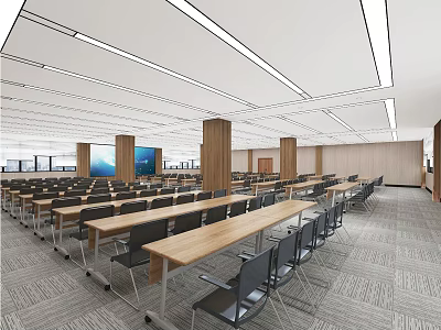 Modern Conference Room Interior With Arranged Tables Chairs Large Screen And Wooden Columns 3d model