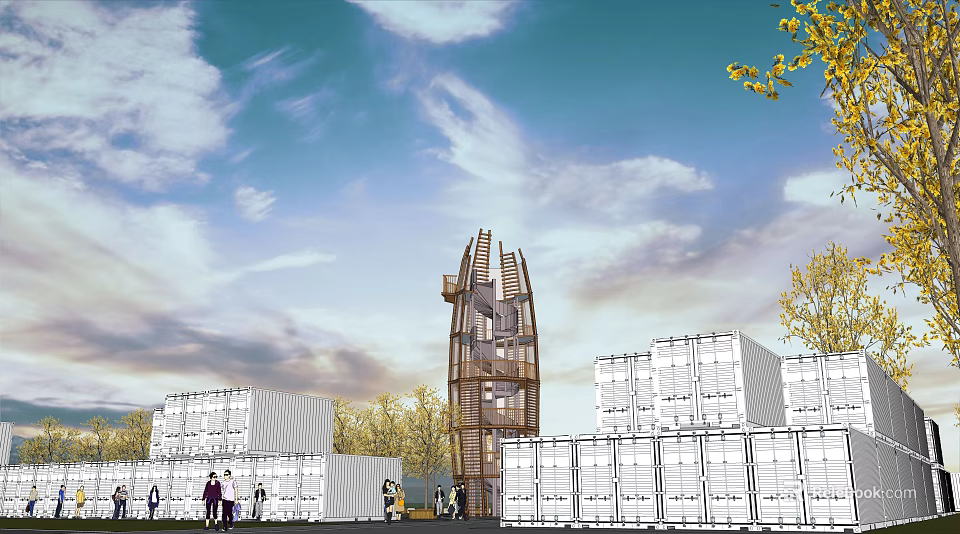 Modern Park Landscape With Tall Tower Container Buildings Trees People And Blue Sky White Clouds 3d model 