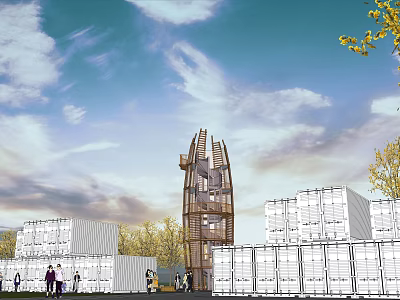 Modern Park Landscape With Tall Tower Container Buildings Trees People And Blue Sky White Clouds 3d model