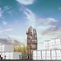Modern Park Landscape With Tall Tower Container Buildings Trees People And Blue Sky White Clouds