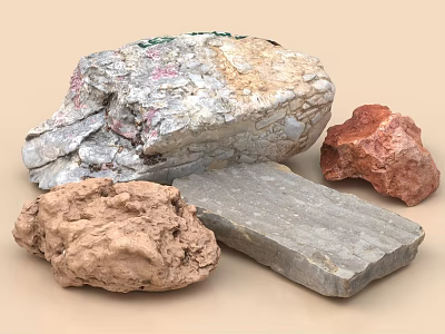 Natural Various Colored Stones And Gray Wooden Plank Display On Beige Background 3d model