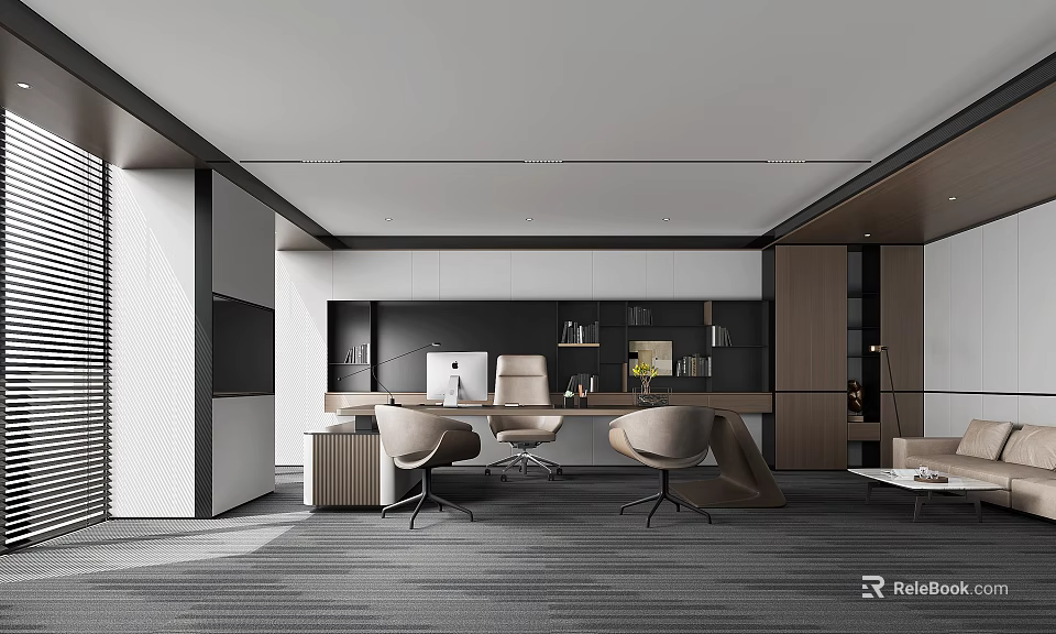 Modern Office Interior With Open Layout Wooden Desk Chairs Bookshelves And Floor to Ceiling Windows 3d model 