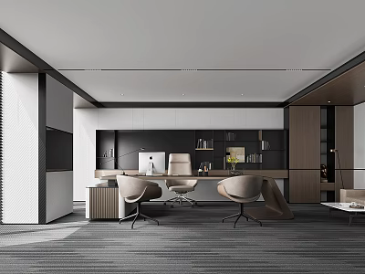 Modern Office Interior With Open Layout Wooden Desk Chairs Bookshelves And Floor to Ceiling Windows 3d model