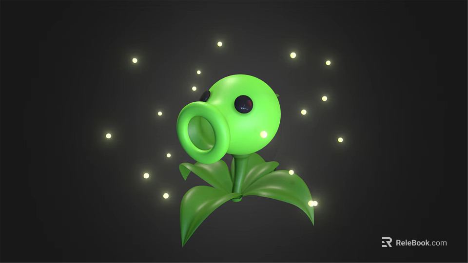 Cartoon Scene Featuring Green Plant With Glowing Lights Around And Dark Background And Leafy Stems 3d model 