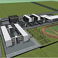 Modern School Buildings With Architectural Design Surrounded By Trees Sports Field And Parking Lot