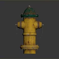 Yellow Fire Hydrant With Green Top And Chains On Round Stone Base
