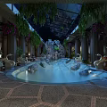 SPA Sauna Indoor Pool with Rock Decor Hanging Greenery and Relaxing Seats