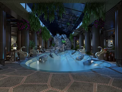 SPA Sauna Indoor Pool with Rock Decor Hanging Greenery and Relaxing Seats 3d model