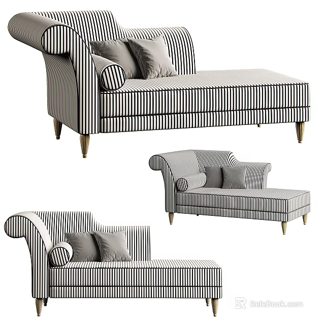 Striped Upholstered Chaise Lounge With Gray Cushions And Gold Metal Legs 3d model 