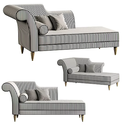 Striped Upholstered Chaise Lounge With Gray Cushions And Gold Metal Legs 3d model