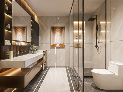 Modern Bathroom With Marble Vanity Glass Shower And Smart Toilet 3d model