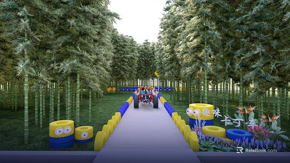 Road Facilities In Bamboo Forest With Fun Go-Karts And Yellow Blue Decorative Barrels 3d model 