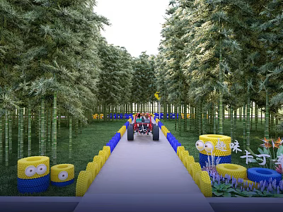 Road Facilities In Bamboo Forest With Fun Go-Karts And Yellow Blue Decorative Barrels 3d model