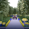 Road Facilities In Bamboo Forest With Fun Go-Karts And Yellow Blue Decorative Barrels