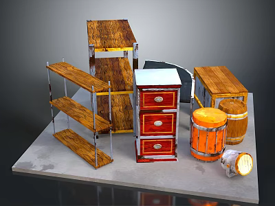 Assorted Furniture Collection With Wooden Shelves Metal Frame Cabinet And Barrels 3d model
