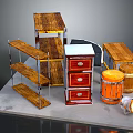 Assorted Furniture Collection With Wooden Shelves Metal Frame Cabinet And Barrels