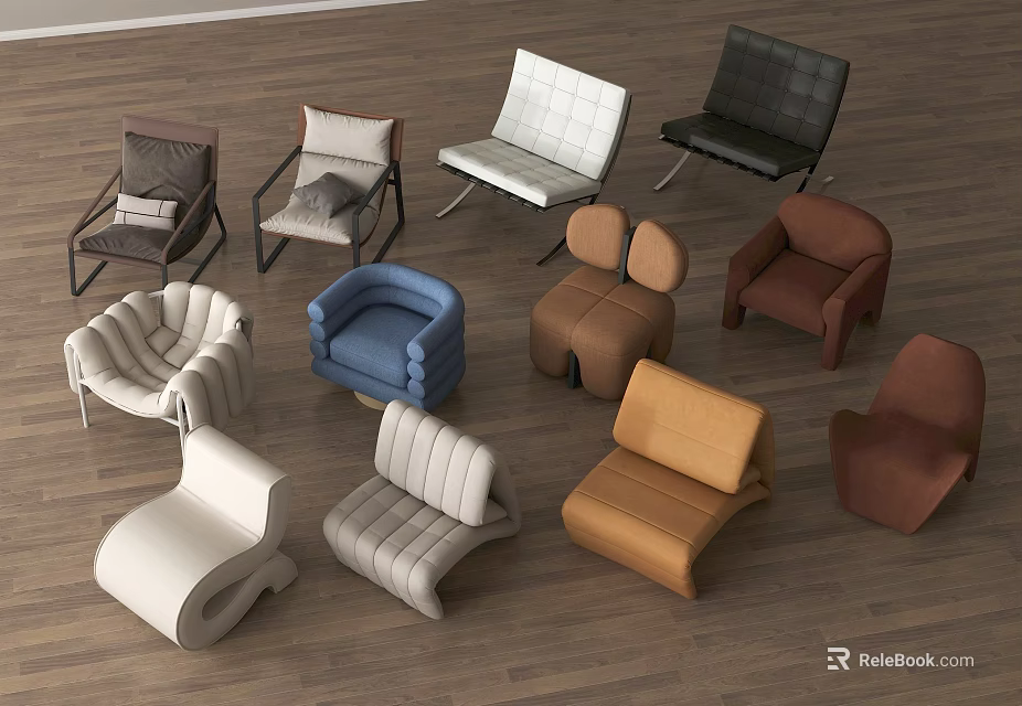 Modern Single Sofa Designs In Various Colors And Styles On Wooden Floor 3d model 