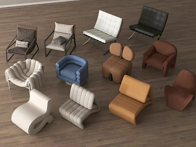 Modern Single Sofa Designs In Various Colors And Styles On Wooden Floor 3d model