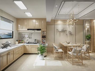 Modern Restaurant Interior With Open Kitchen Dining Area Wooden Cabinets Green Plants And Chandeliers 3d model