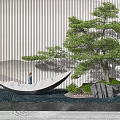 Garden Feature With Pine Tree Boat Shaped Seat Water Pool Stones And Striped Wall